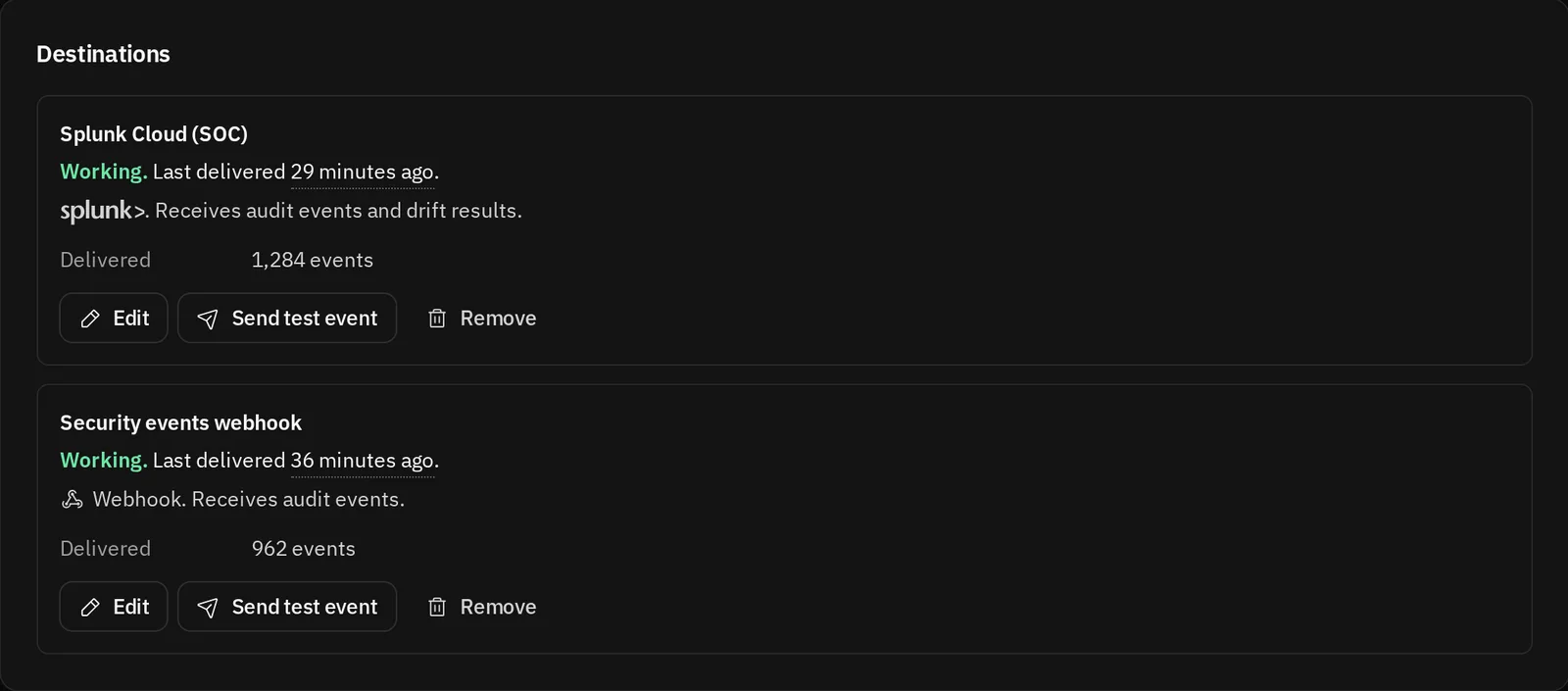 Two destinations on the Integrations tab, Splunk Cloud and a webhook, both working, with the count of events each received.