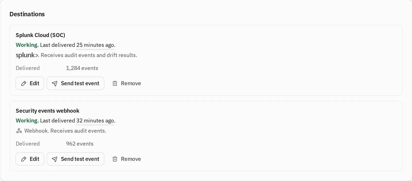 Two destinations on the Integrations tab, Splunk Cloud and a webhook, both working, with the count of events each received.