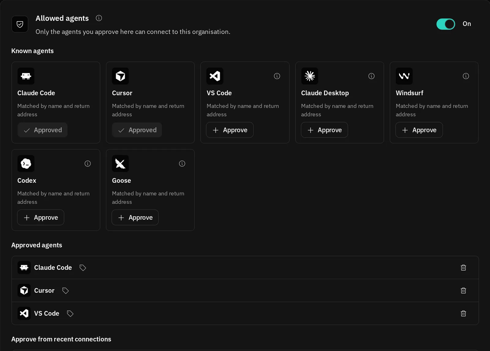 The Allowed agents setting turned on, with Claude Code, Cursor and VS Code approved.