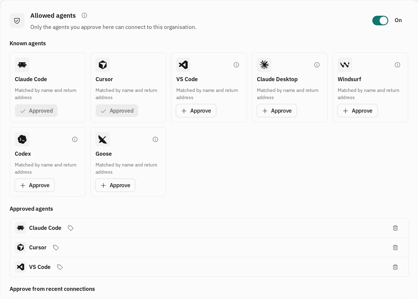 The Allowed agents setting turned on, with Claude Code, Cursor and VS Code approved.