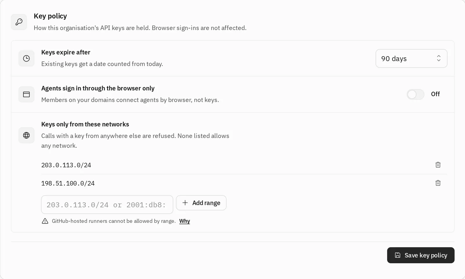 The Key policy setting: keys expire after a set number of days and work only from two listed network ranges.