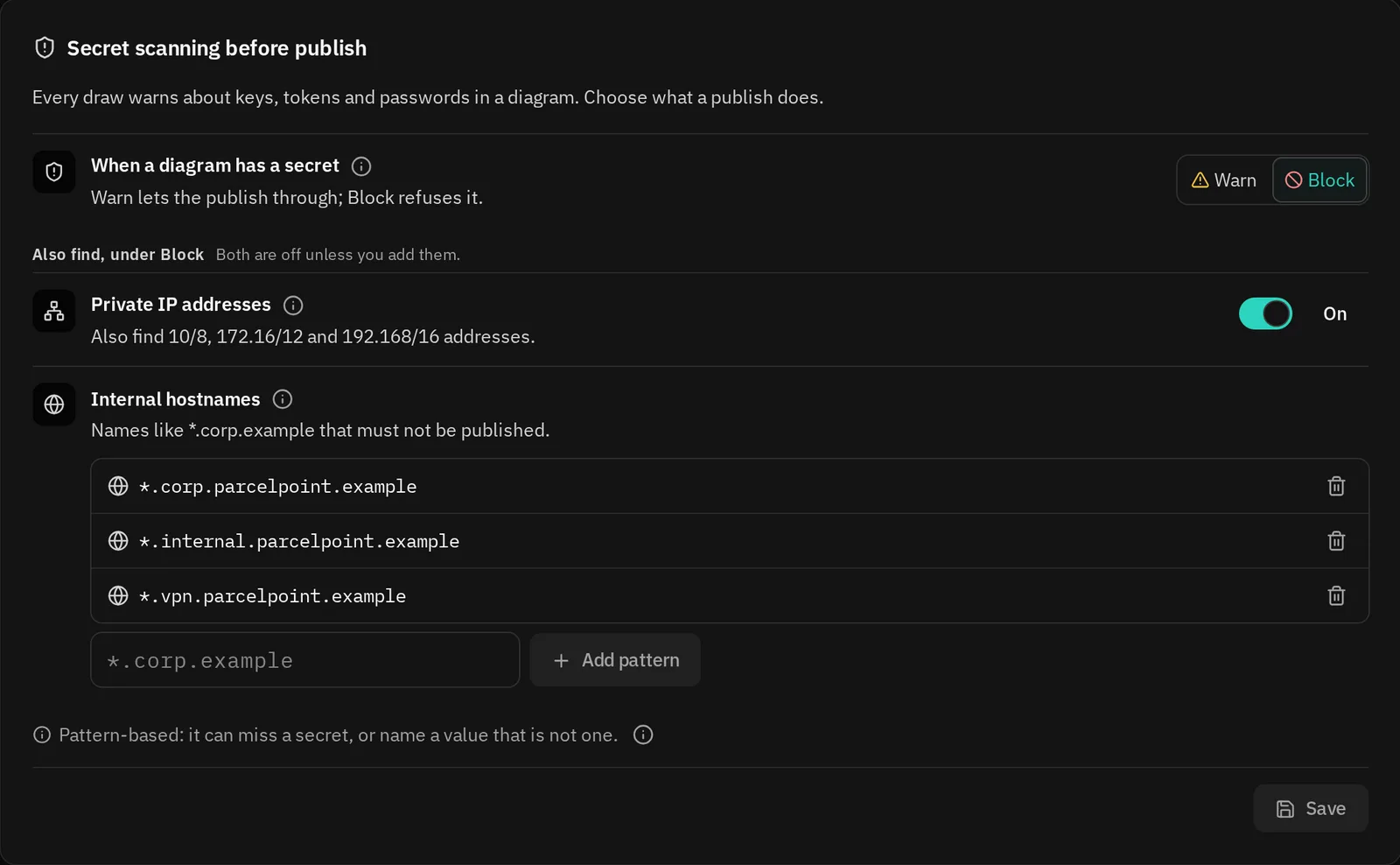 Secret scanning before publish set to Block, with private IP addresses and three internal hostname patterns added.