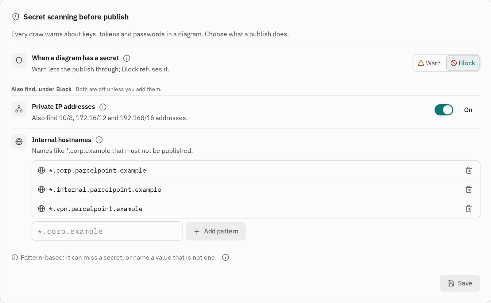 Secret scanning before publish set to Block, with private IP addresses and three internal hostname patterns added.