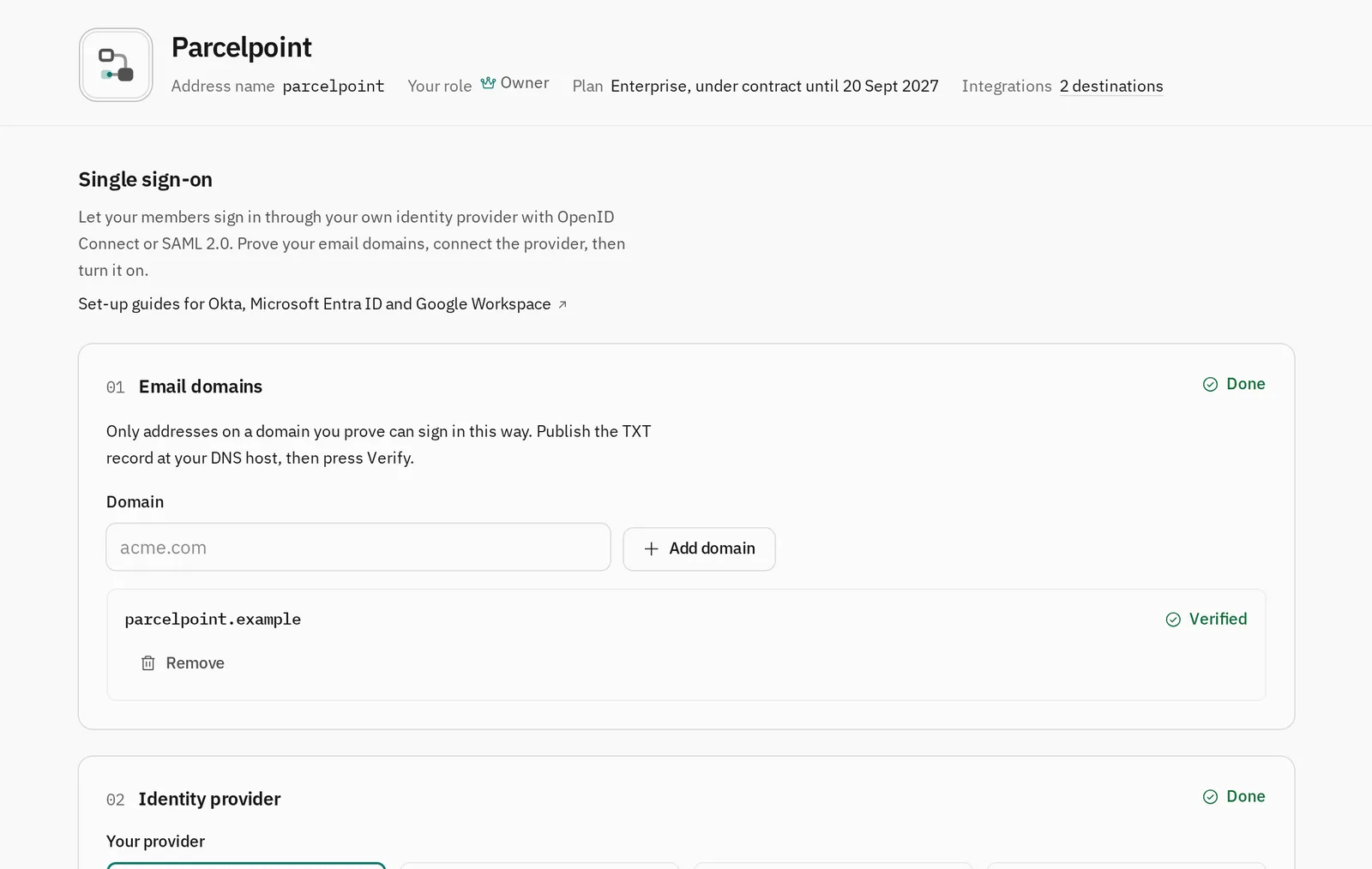 The Single sign-on page of the portal: a verified email domain, then Okta chosen as the identity provider.